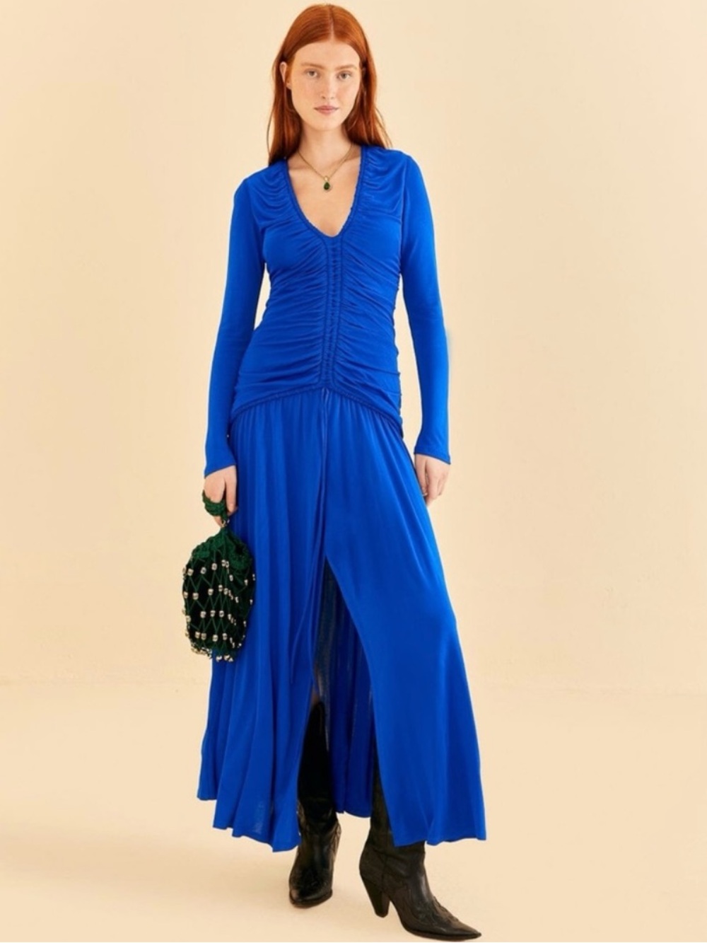 NWT Farm Rio Bright Cobalt Blue Long Sleeve Drop Waist Midi Dress Small